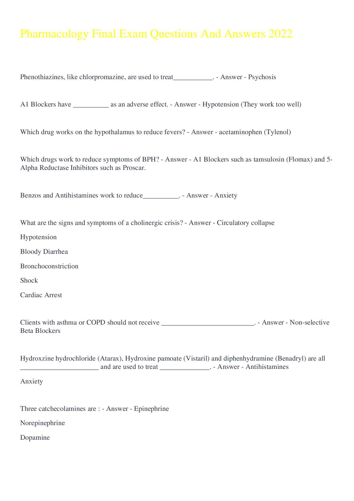 Preview image for Pharmacology Final Exam Questions And Answers 2022